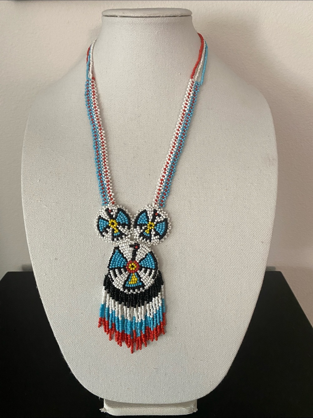 Handcrafted Blue, White, Black & Red Beaded Fringe Necklace